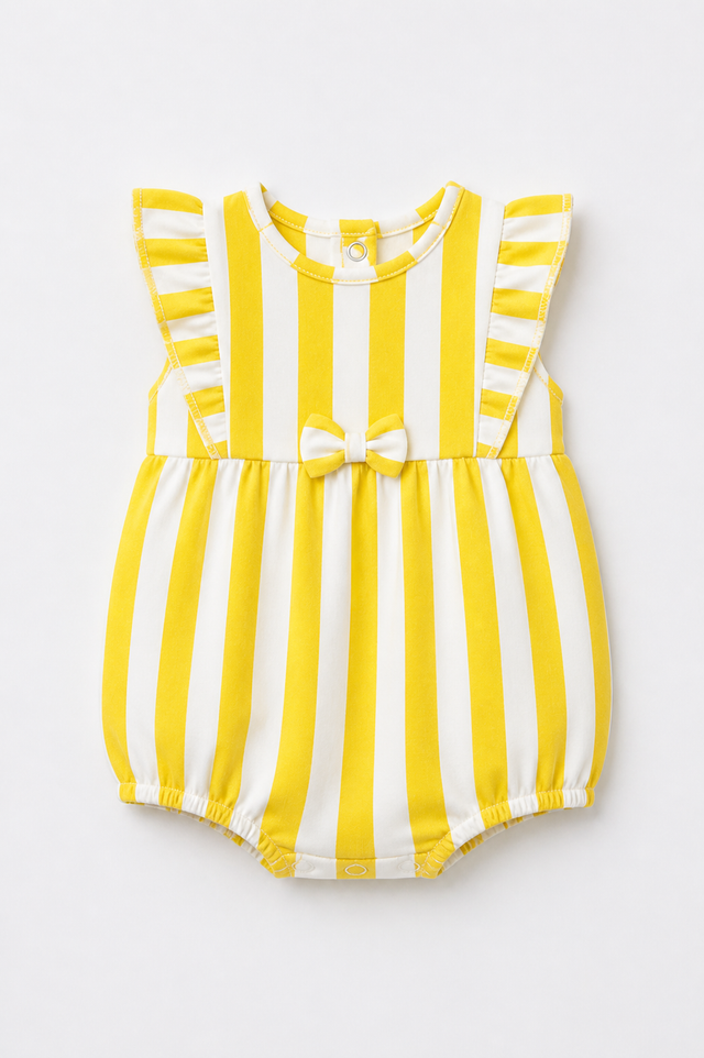 Baby wearing Anaario Yellow White Stripe Frill sleeveless romper, newborn to 24 months