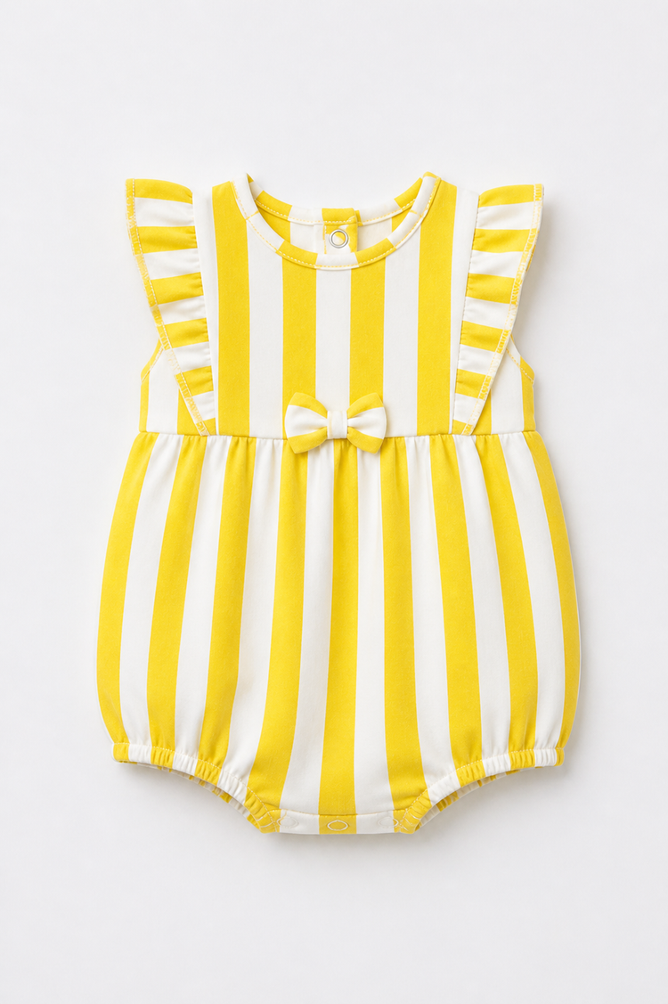 Baby wearing Anaario Yellow White Stripe Frill sleeveless romper, newborn to 24 months