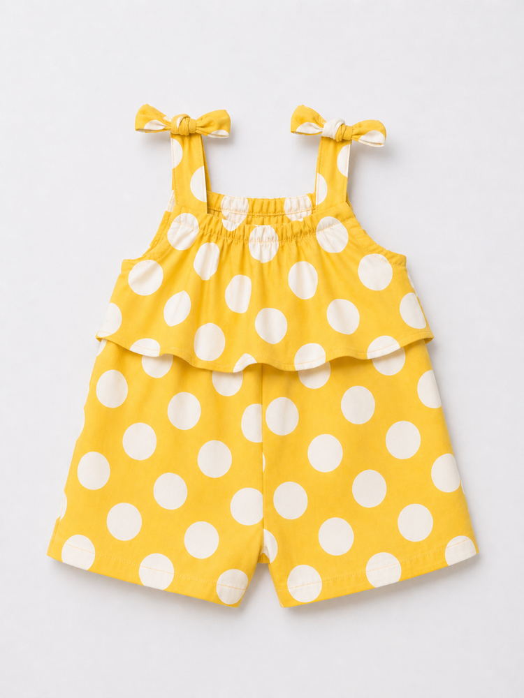 Baby wearing Anaario Yellow White Polka Dot Tie-Shoulder sleeveless romper, newborn to 24 months