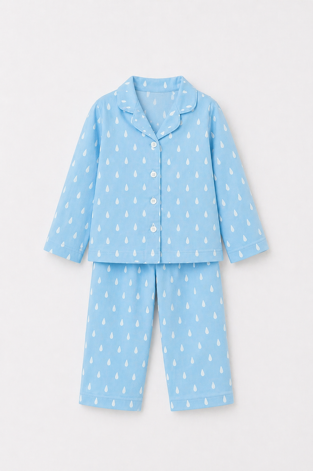 Boy wearing Anaario Blue and White Raindrops Night Suit