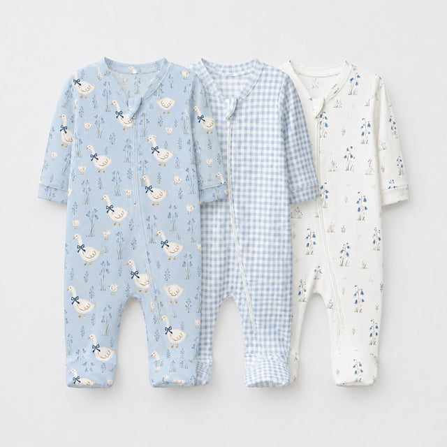 Blue Duck bamboo baby sleepsuit combo — coordinating full-sleeve two-way zip romper onesies