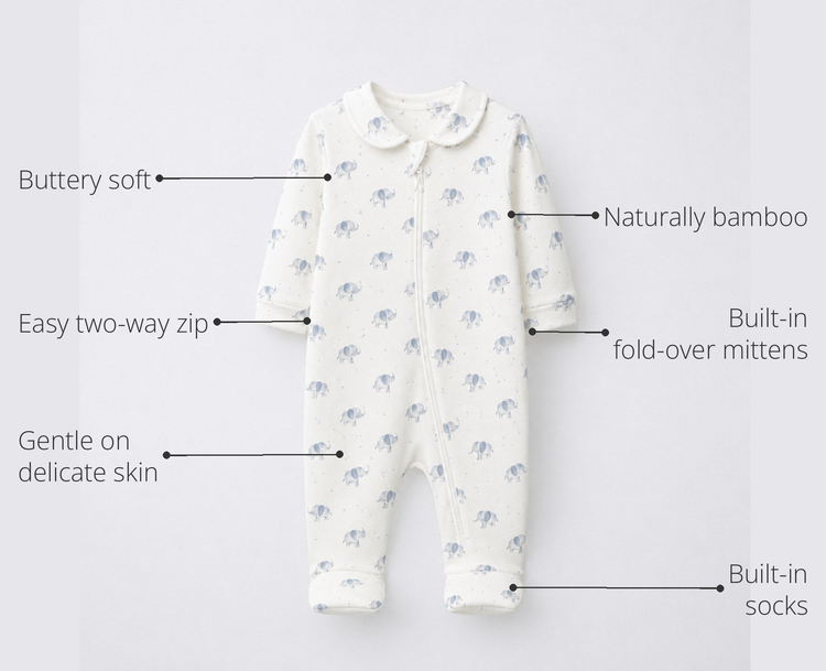 Anaario Blue Elephant Bamboo Baby Sleepsuit – Zip Romper Onesie key features