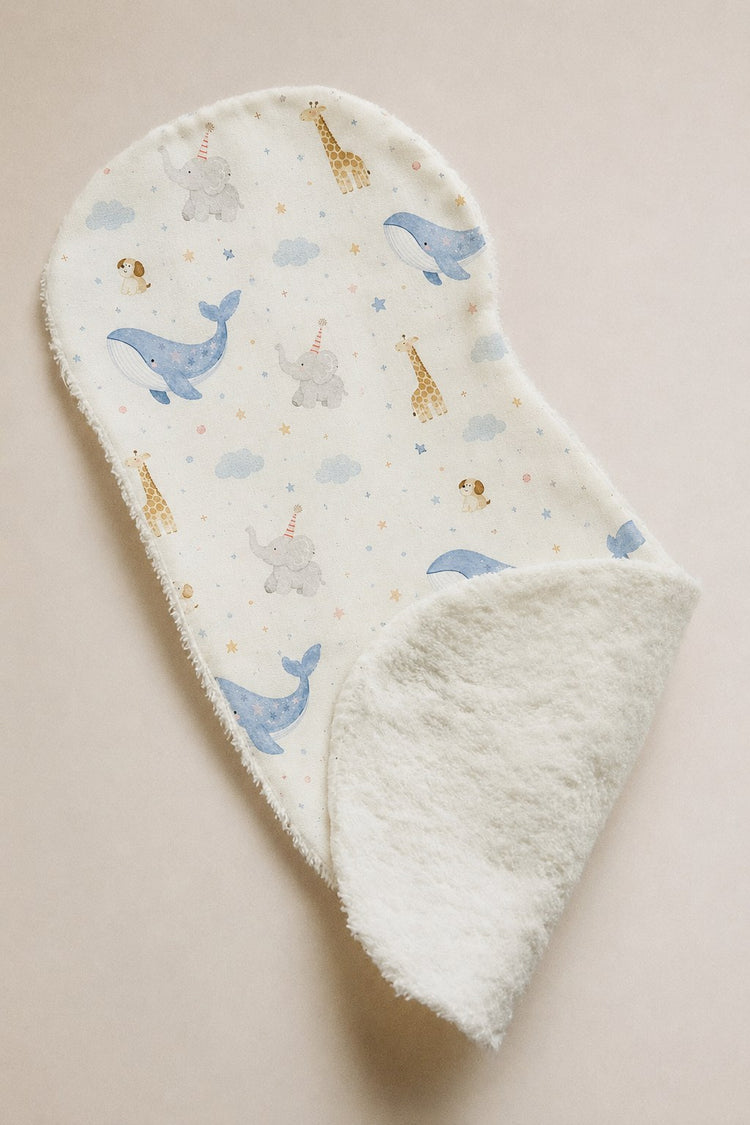 Blue Whale bamboo baby burp cloth — soft bamboo cotton flatlay