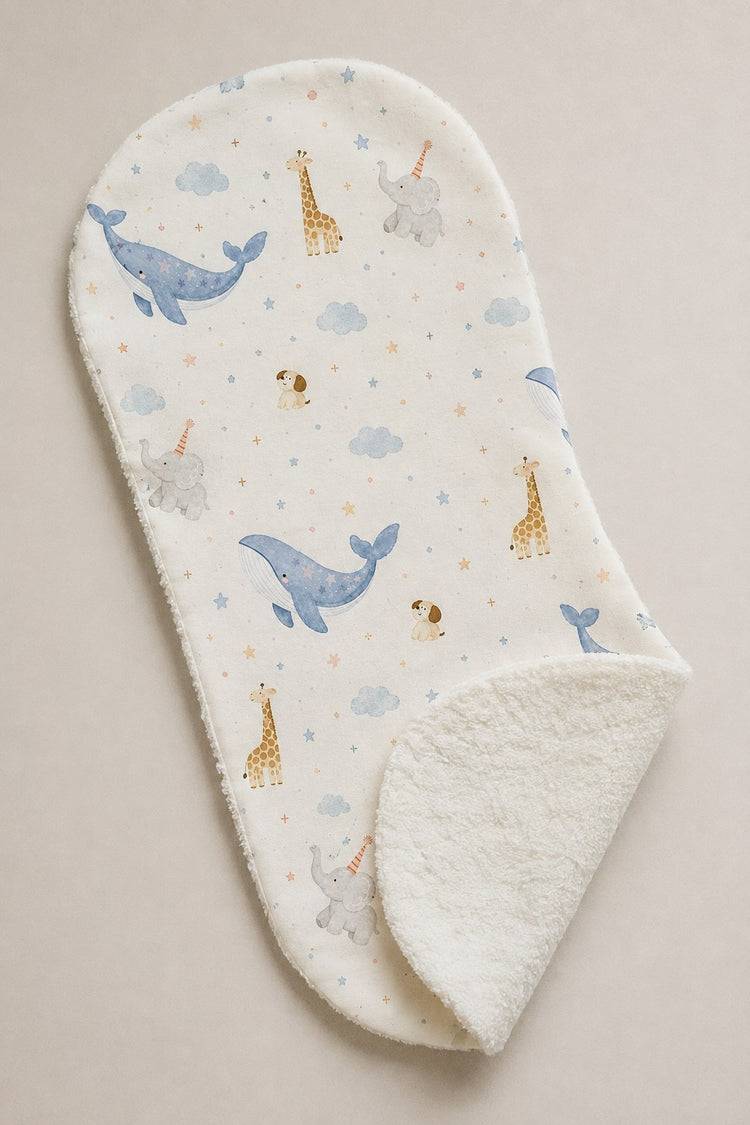 Blue Whale bamboo baby burp cloth — folded