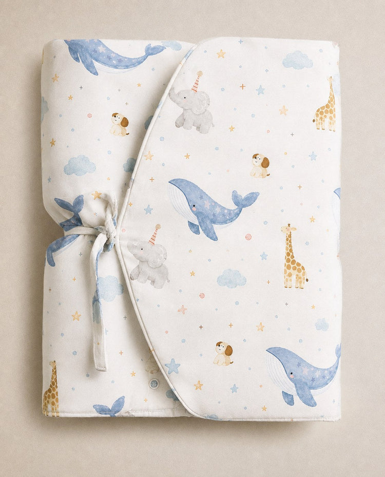 Blue Whale bamboo baby changing mat — blue whale print, soft bamboo cotton