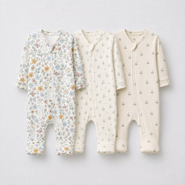 Bunny & Blossom bamboo baby sleepsuit combo — coordinating full-sleeve two-way zip romper onesies