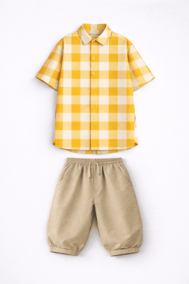 Boy wearing Anaario Butter Check Balloon Co-ord Set, yellow check shirt with matching balloon-style pant