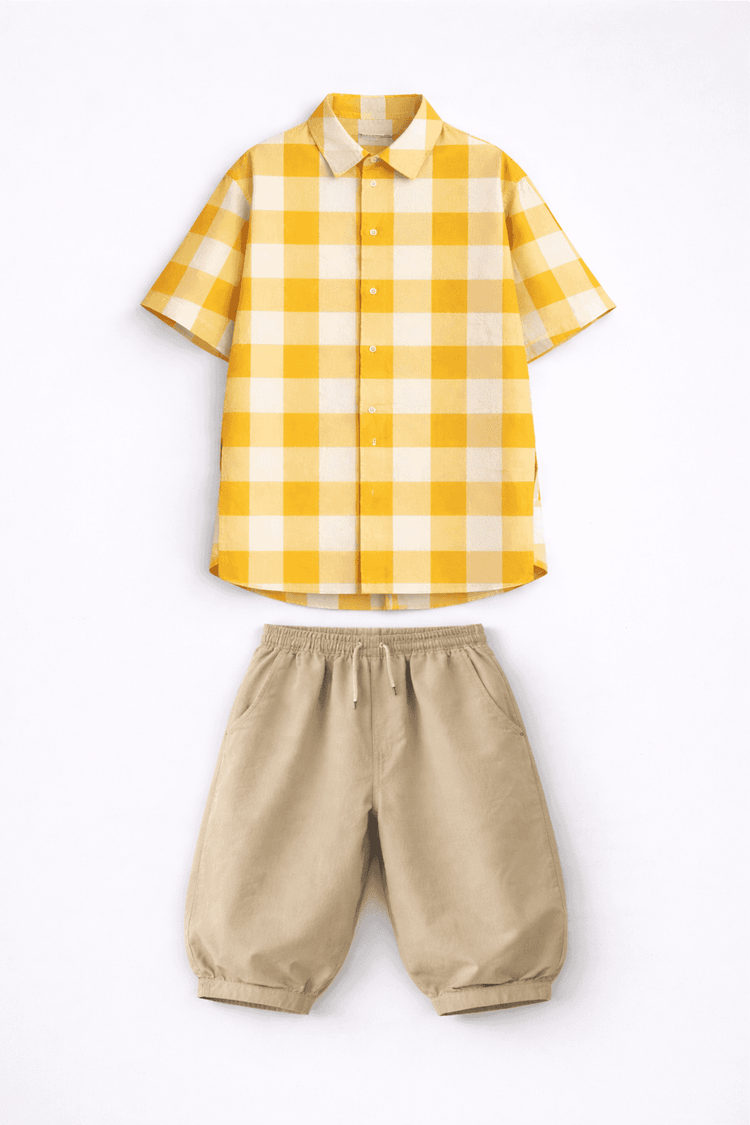 Boy wearing Anaario Butter Check Balloon Co-ord Set, yellow check shirt with matching balloon-style pant