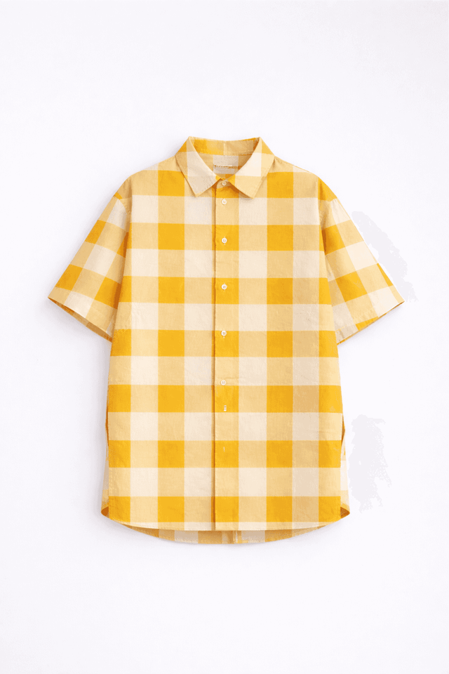 Boy wearing Anaario Butter Check Balloon Co-ord Set, yellow check shirt with matching balloon-style pant