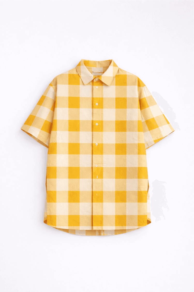 Boy wearing Anaario Butter Check Balloon Co-ord Set, yellow check shirt with matching balloon-style pant