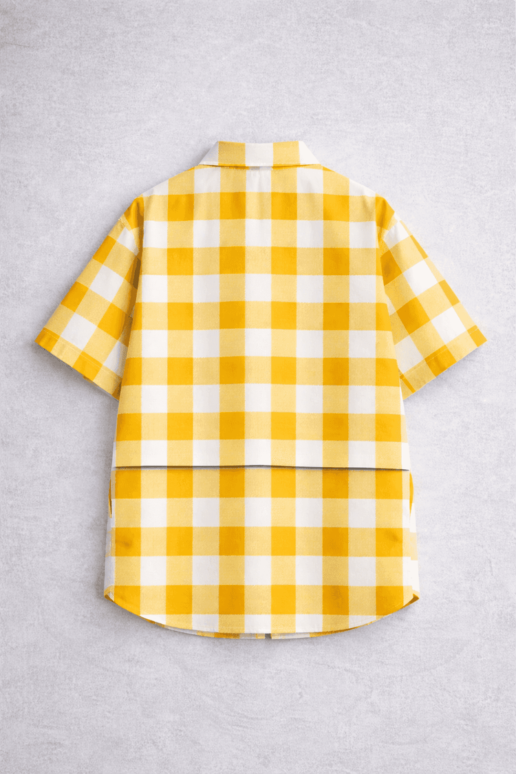 Boy wearing Anaario Butter Check Balloon Co-ord Set, yellow check shirt with matching balloon-style pant