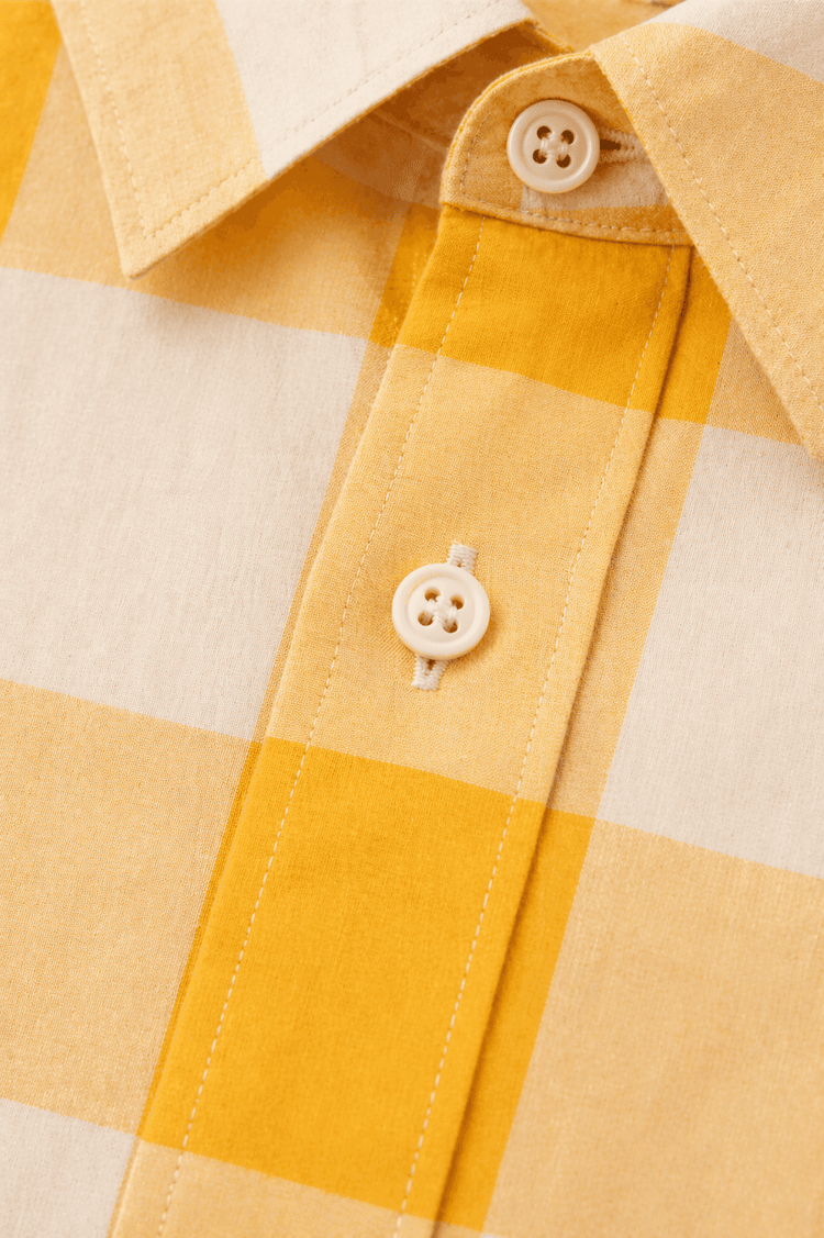 Boy wearing Anaario Butter Check Balloon Co-ord Set, yellow check shirt with matching balloon-style pant