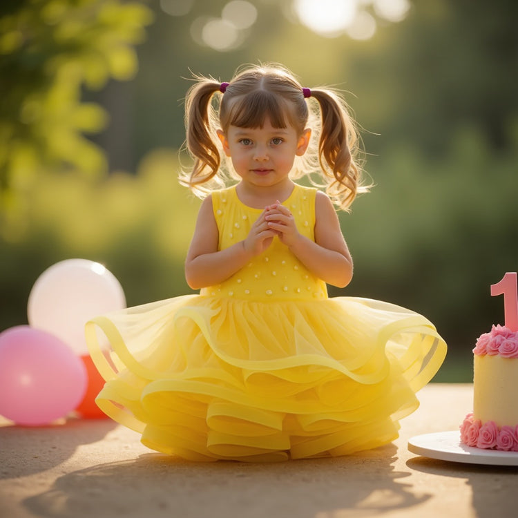 Girl wearing Anaario Buttercup Twirl Frock, yellow tulle twirl dress with heart appliqué