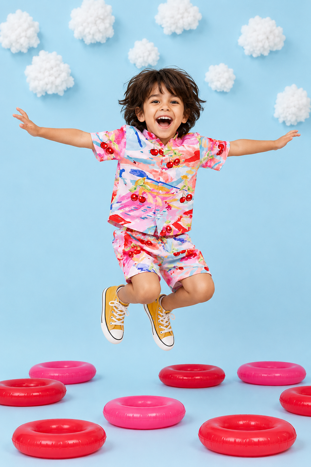 Boy wearing Anaario Cherry Splash Shorts