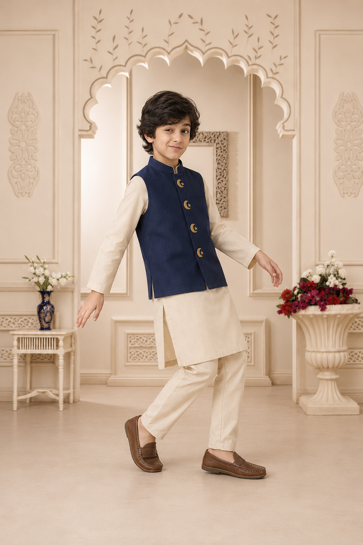 Cream moon and star waistcoat set with navy waistcoat by Anaario