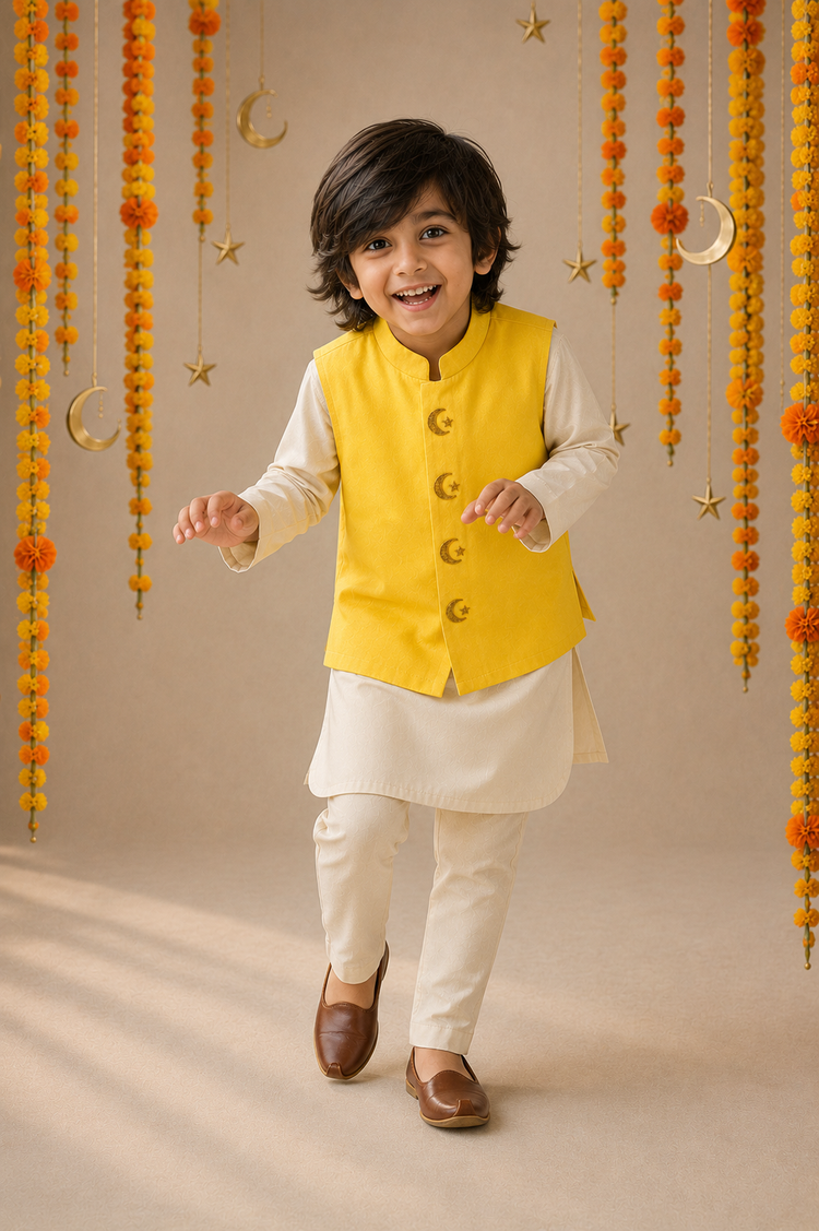 Cream Moon-Star Waistcoat Set (Yellow Waistcoat) - festive lifestyle photo, marigold and crescent backdrop