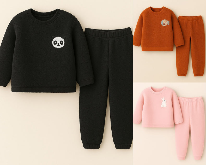 Fleece set combo – black set with panda patch, rust set with fish patch, and pink set with bunny patch