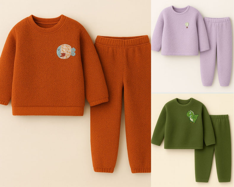 Fleece set combo – rust set with fish patch, lilac set with balloon patch, and olive green set with dinosaur patch