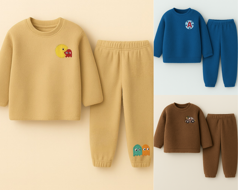 Fleece set combo – beige set with Pac-Man patch, blue set with letter patch, and brown set with car patch