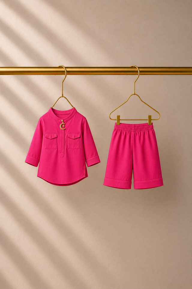 Baby wearing Anaario Fuchsia Moon-Star Baby Kurta Set, fuchsia kurta with moon-and-star motif, newborn to 24 months