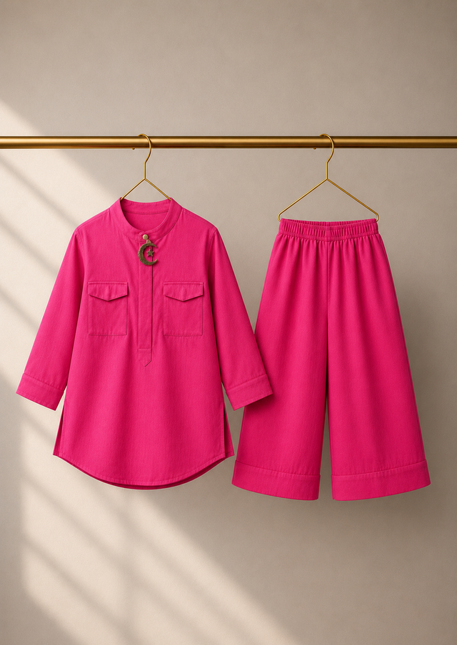 Fuchsia Moon-Star Kurta Set - full co-ord set flat lay