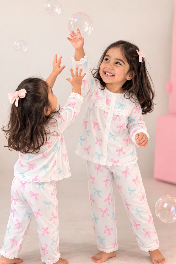 Girl wearing Anaario Bow Bliss Night Suit