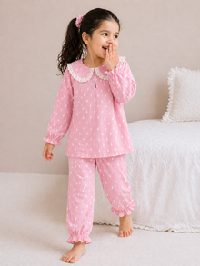 Pink and white Raindrops Night Suit