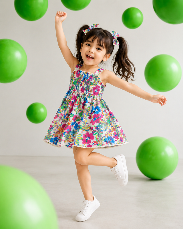 Girl wearing Anaario Rainbow Garden Smocked Dress