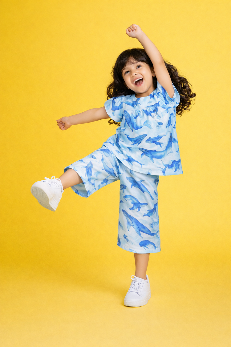 Girl wearing Anaario Whales and Jellyfish Co-ord Set