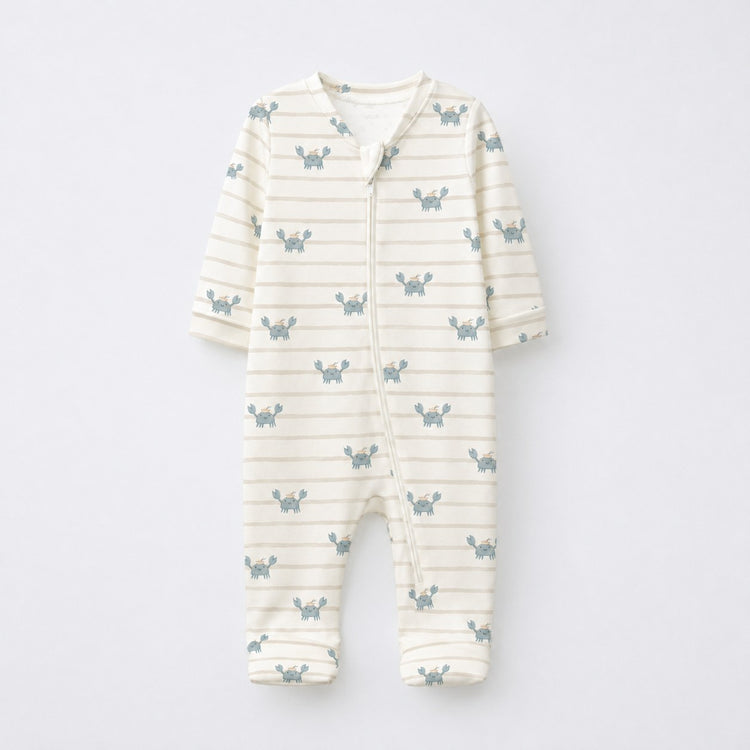 Green Crab & Gingham bamboo cotton baby sleepsuit — two-way zip romper onesie