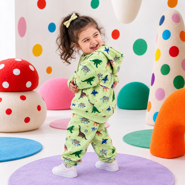 Green Dinosaur Hooded Jogger Set on girl by Anaario – winter kidswear
