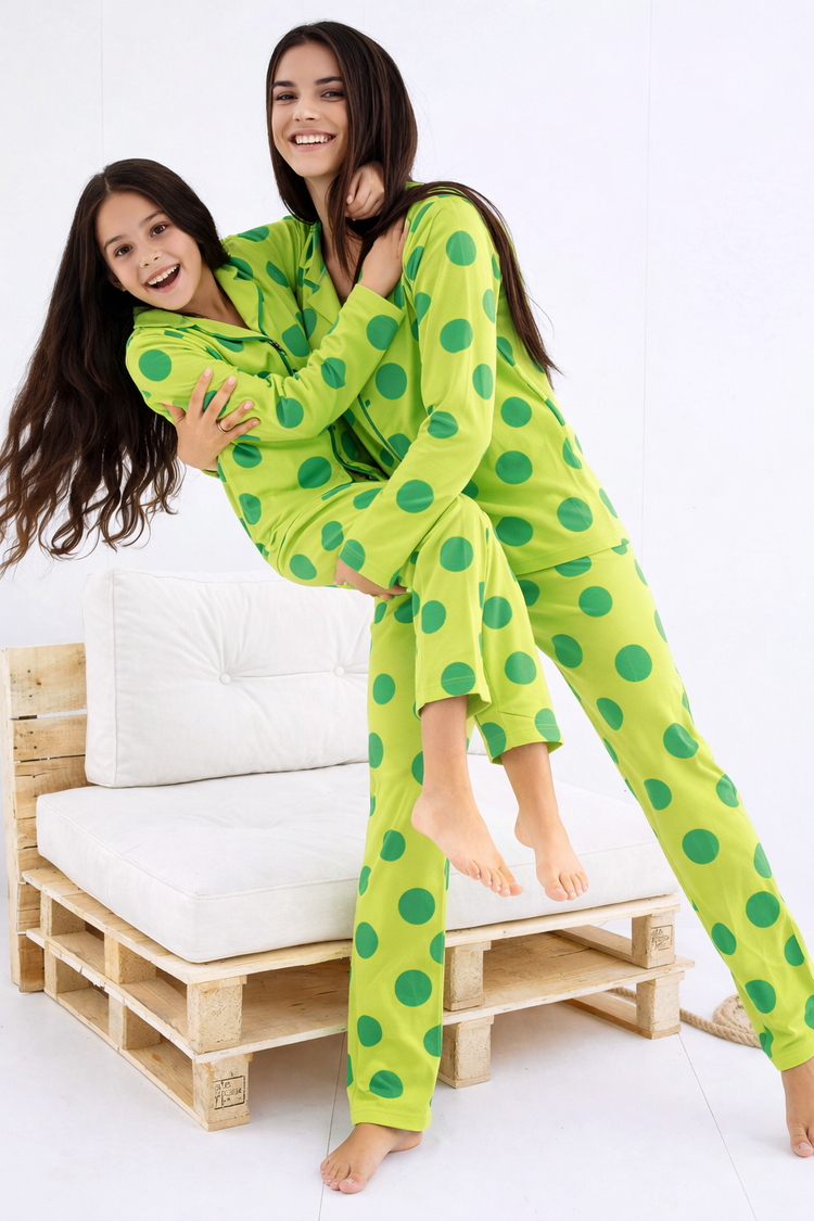 Girl wearing Anaario Green Polka Night Suit