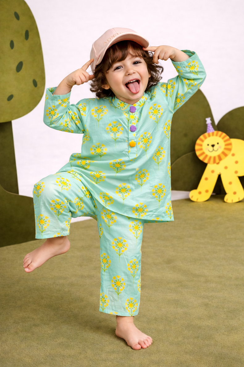 Girl wearing Anaario Green Yellow Cotton Co-ord Set