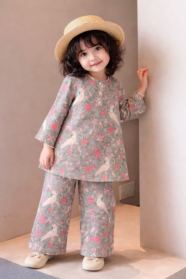 Girl wearing Anaario Grey Parrot Cotton Co-ord Set