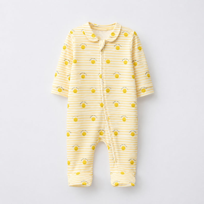 Happy Sunshine bamboo cotton baby sleepsuit — full-sleeve two-way zip romper onesie, front