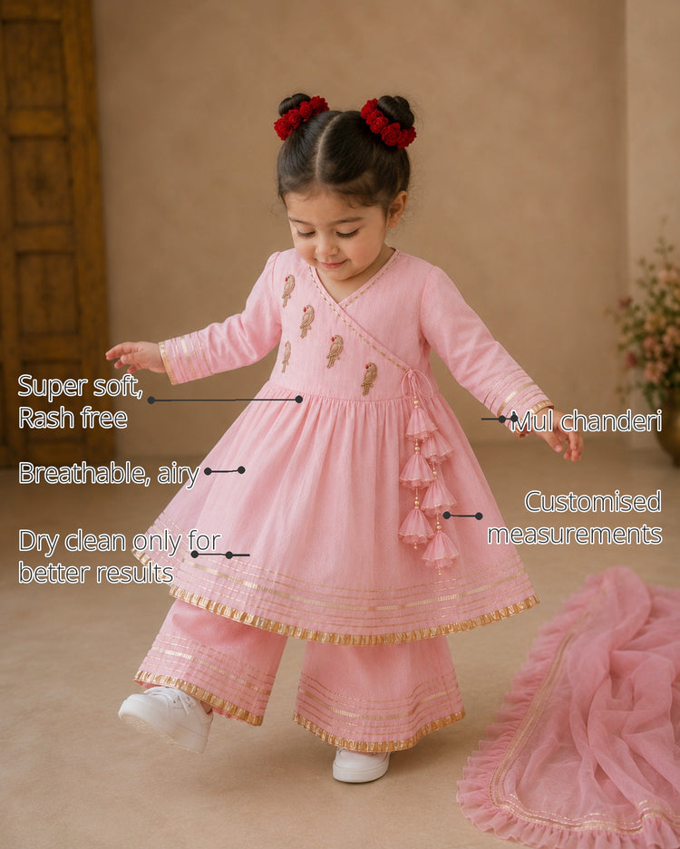 Baby Pink Parrot Girls' Angrakha Set features