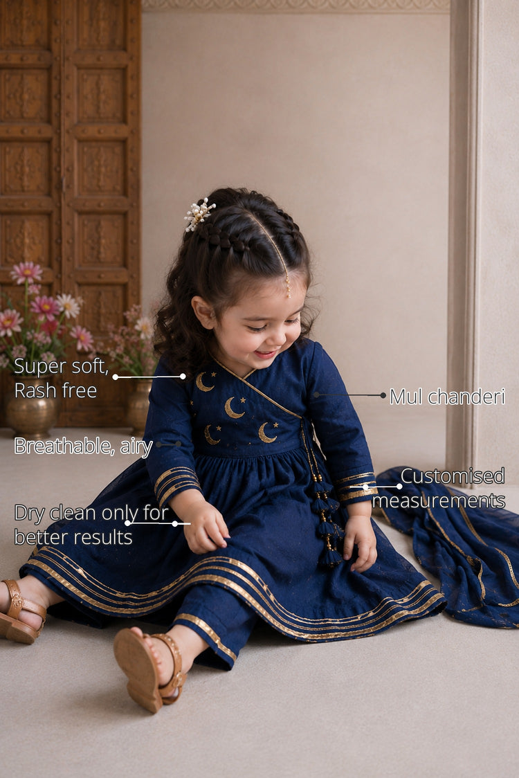 Navy Blue Moon-Star Girls' Angrakha Set features