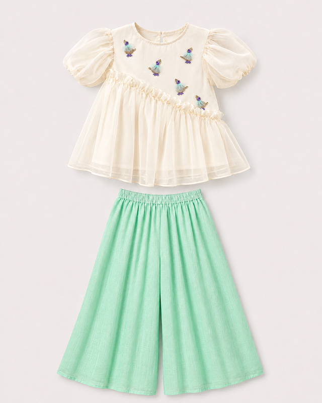 Indian Ivory Bird Peplum Palazzo Set - Anaario - Image 3