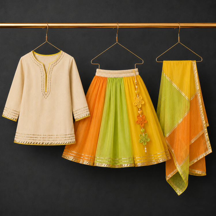 Indian Orange Green Yellow Lehenga Set - Anaario - Image 2