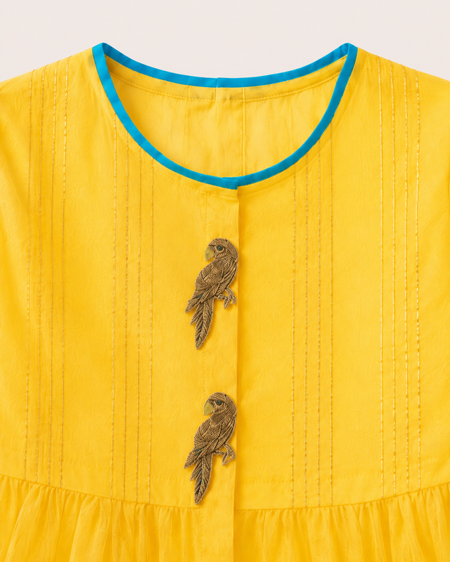 Anaario Yellow Parrot Patiala Salwar Set, close-up of embroidered parrot button closures