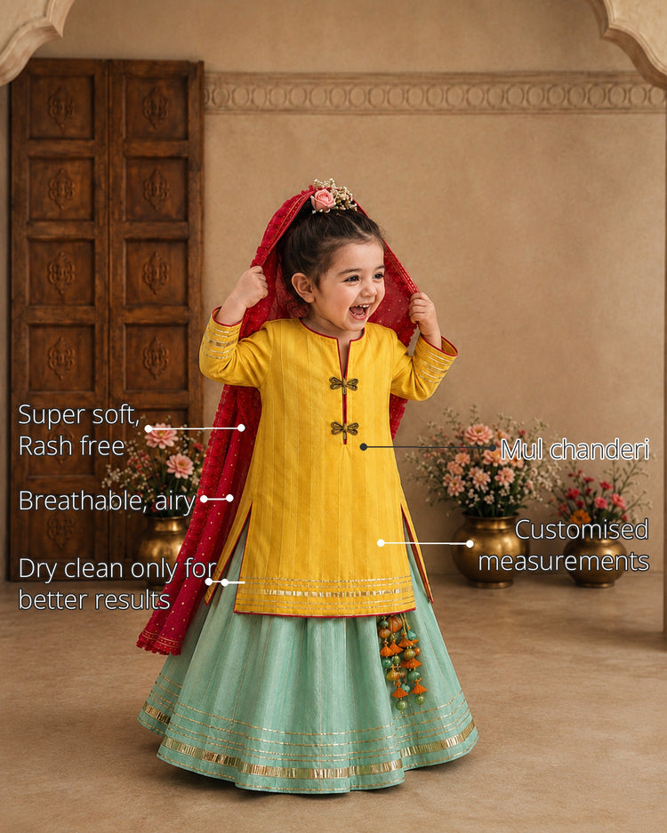 Yellow Dragonfly Girls' Lehenga Set features