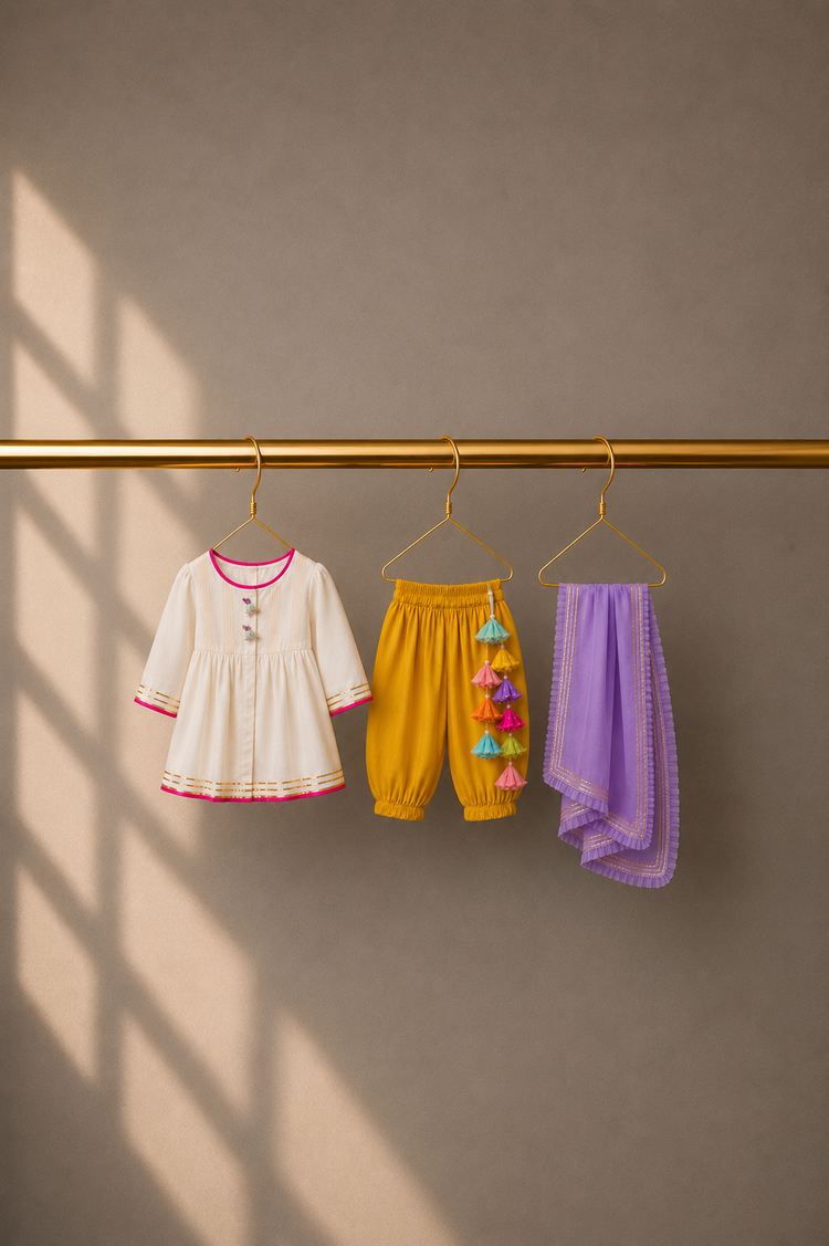 Anaario Ivory Bird Patiala Salwar Set, ivory kurta, mustard salwar and lilac dupatta on hangers