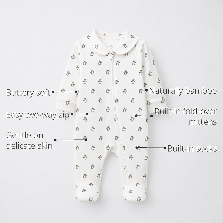 Penguin Bamboo Baby Sleepsuit – Zip Romper Onesie features