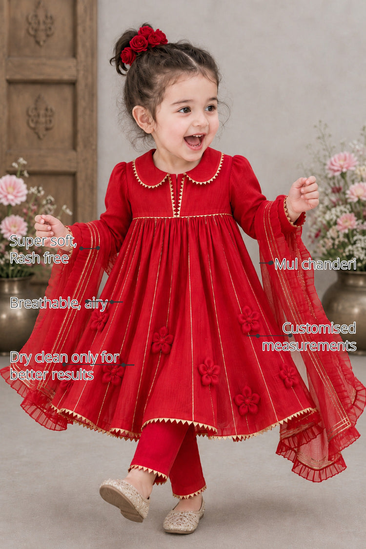 Red Girls' Anarkali Set features
