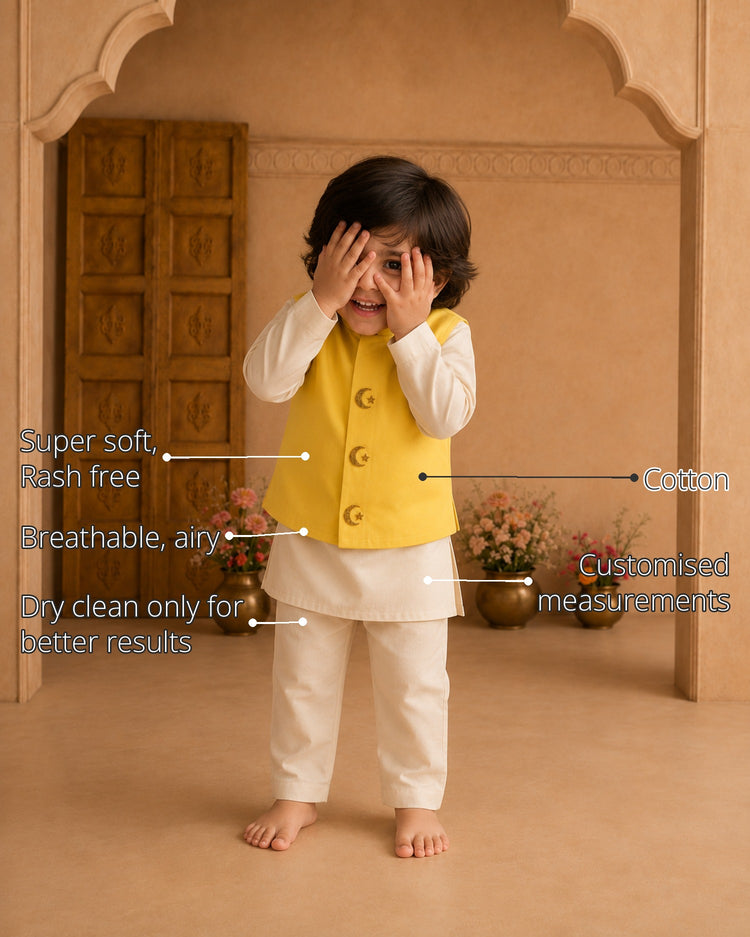 Beige Moon-Star Boys' Waistcoat Set (Yellow Waistcoat) features