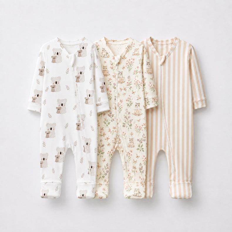 Koala & Kitty bamboo baby sleepsuit combo — coordinating full-sleeve two-way zip romper onesies
