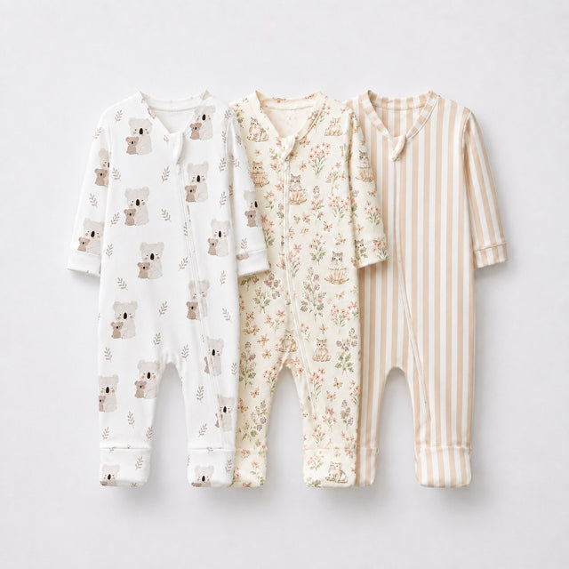 Koala & Kitty bamboo baby sleepsuit combo — coordinating full-sleeve two-way zip romper onesies