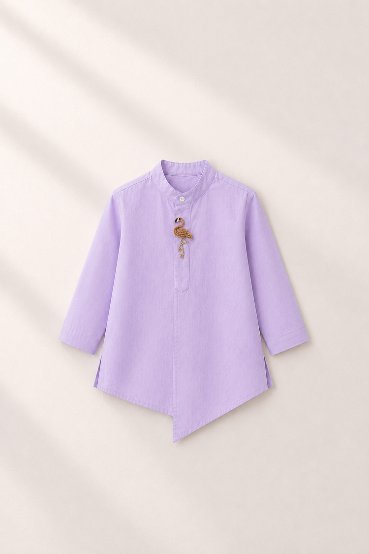 Baby wearing Anaario Lilac Flamingo-Motif Baby Kurta Set, lilac kurta with pink flamingo-embroidered jacket, newborn to 24 months