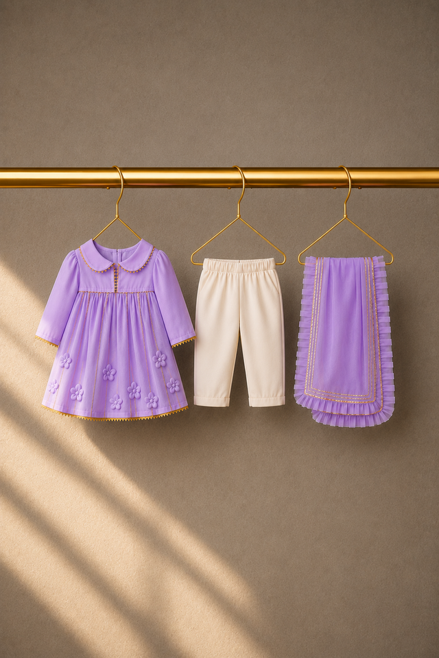Anaario Lilac Floral Anarkali Set, lilac dress pants and dupatta on hangers