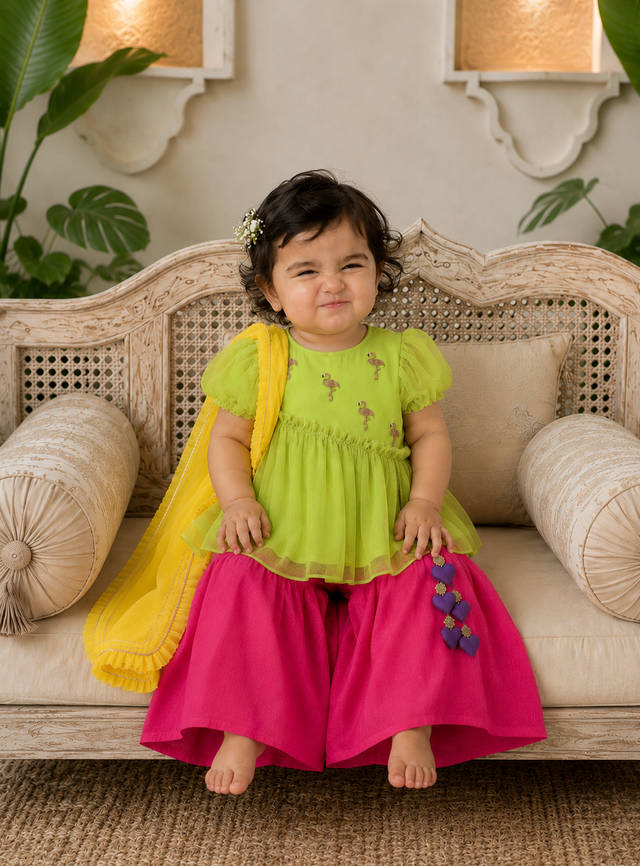 Girl wearing Anaario Lime Flamingo Peplum Palazzo Set, second pose